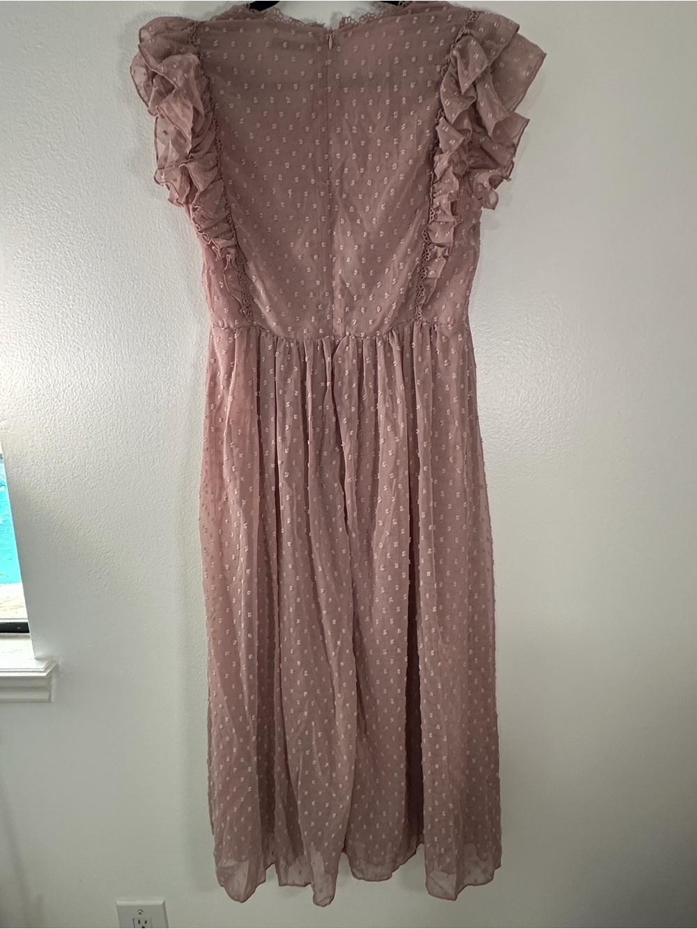 SHEIN Swiss Dot Ruffle Maxi Dress Pink Lace Flutter Sleeve Women Large - Picture 4 of 6